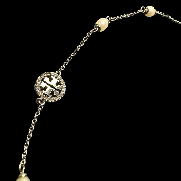NEW Authentic Tory Burch Pearl & Silver Double T Logo Pave Necklace with Tag - Picture 3 of 7